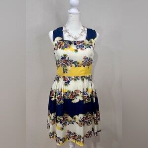 💛”Paper Plane of London”Elegant Sleeveless Navy/Yellow Floral Midi Lined Dress